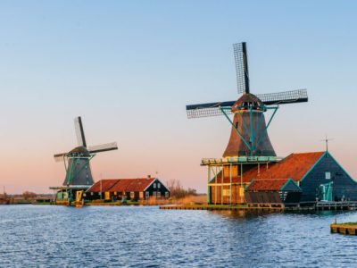 Traditional Dutch windmills from the channel Rotterdam. Holland